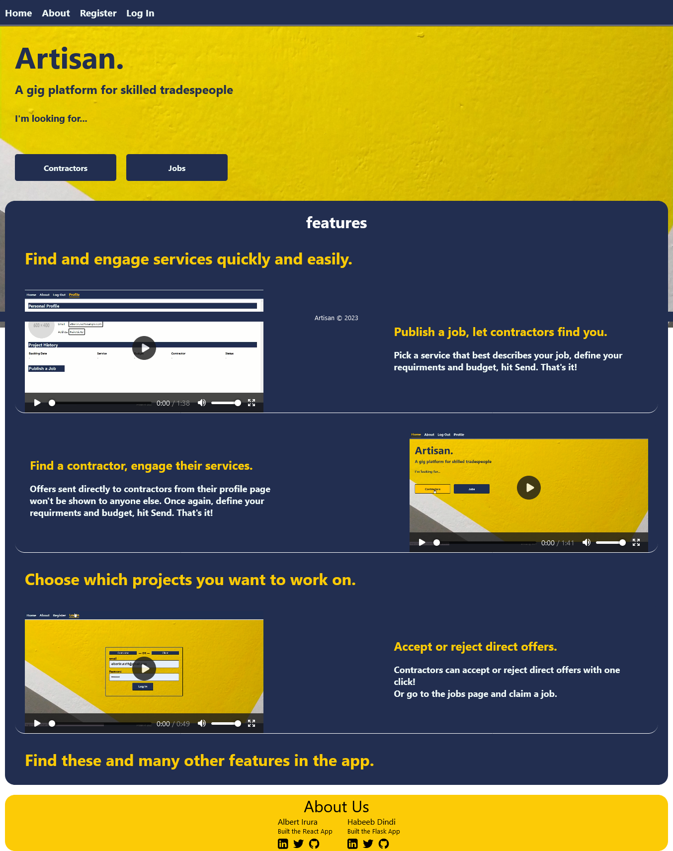 artisan landing page